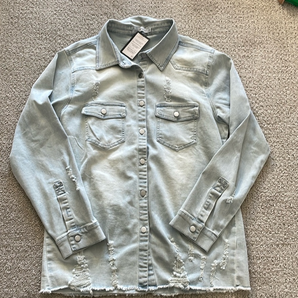 Ruby Claire distressed button up denim coat